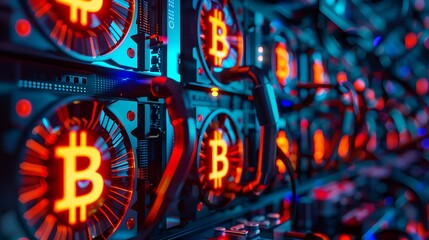 Canvas Print - A close-up view of a Bitcoin mining rig with illuminated graphics cards.