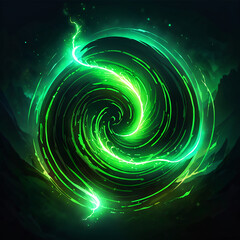 A swirling green vortex with glowing lines and streaks of white lightning in a dark background, creating a dynamic and energetic abstract design.