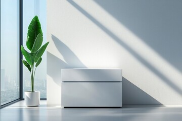 A white dresser with two drawers in a minimalist room with a large window and a potted plant