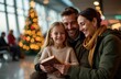 © Slepitssskaya - Happy family sits in an airport, reading together in front of a Christmas tree, enjoying the holiday atmosphere