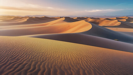 panoramic landscape view of sand dune desert with blue sky and natural light