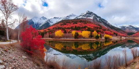 Wall Mural - Vibrant autumn colors reflected in a calm lake, surrounded by snow-capped mountains.