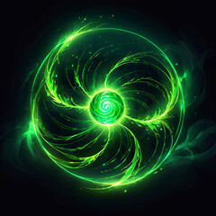 A vibrant green orb with swirling energy lines radiates light against a dark background. The energy forms a circular pattern with a central, glowing core.