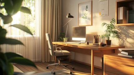 Stylish home office featuring a wooden table, ergonomic chair, small decor pieces, and a potted plant in the corner. The design is clean and functional.