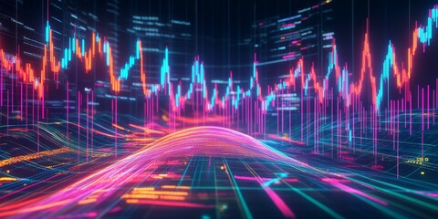 Abstract digital data visualization with neon lines.