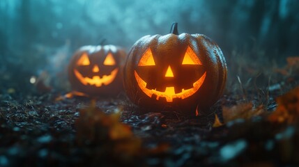 Wall Mural - Glowing Jack-O-Lanterns in a Mysterious Foggy Forest Setting, Halloween Decoration, Spooky Atmosphere