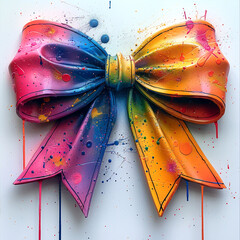 A vibrant, colorful ribbon adorned with splashes of paint on a white backdrop