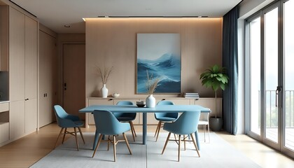 Poster - Modern dining room with blue chairs and table.