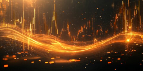 Wall Mural - Golden light streaks and particles on black background.