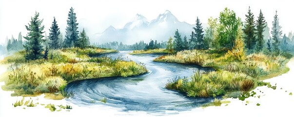 Delicate watercolor painting of a river flowing into a recycling loop, connecting nature and industry, Circular economy, Nature industry balance