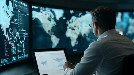 financial advisor analyzing data on multiple screens, showcasing global maps and financial visuals. atmosphere is focused and professional, highlighting importance of data in decision making