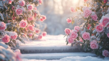 Aufkleber - A serene pathway covered in fresh snow is flanked by vibrant pink roses. The gentle winter sunlight creates a magical atmosphere, highlighting the contrast between flowers and snow.