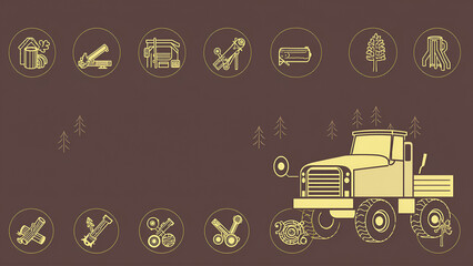 Logging, sawmill line icons in circles, logging truck, tree harvester, timber, lumberjack, wood, lumber, vector illustration