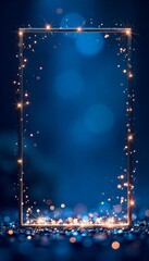 Wall Mural - Sparkling frame with golden glitter and bokeh on a deep blue background.