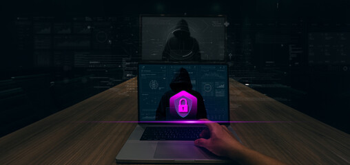Aufkleber - A hand reaches toward a laptop displaying a cybersecurity interface with a glowing padlock icon. The screen shows the image of a hooded figure symbolizing hacking or cyber threats