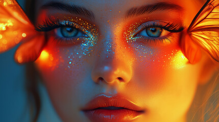 woman with butterfly-inspired makeup, glitter and vibrant cosmetics, beauty sphere. Halloween banner with copy space.