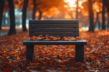 Wall Mural - A lone wooden bench sits in a forest with autumn leaves.