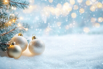 Sticker - Christmas balls decorating a snowy fir tree.