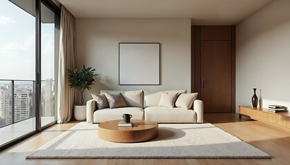 Poster - Modern living room with a white couch and a round coffee table.