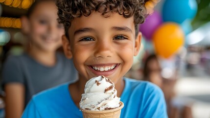 children happily indulging in ice cream from a vibrant stand at a lively summer carnival fair surrou