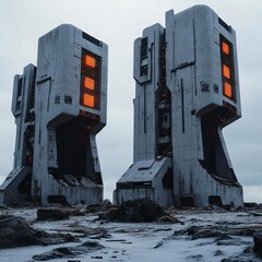 Abandoned mega-corporation buildings, broken down tech, dystopian future