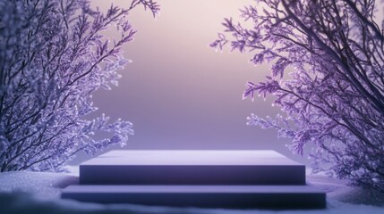 Poster - Delicate frost coats the surrounding plants, creating a tranquil winter atmosphere at twilight. A simple platform stands prominently amidst the frosty landscape, evoking a sense of calm.