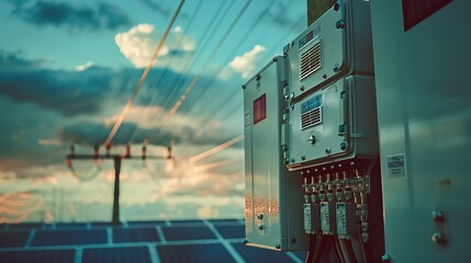 A close-up of a solar panel installation with electrical components and power lines against a dramatic sky.