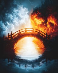 Wall Mural - Concept good and bad determination A captivating scene of contrasting elements the fiery and serene bridge over water at dusk