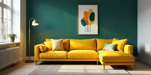 Poster - Yellow sectional sofa in a living room with green walls