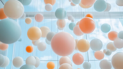 Poster - Colorful spheres hang in geometric art installation, creating playful and vibrant atmosphere. soft pastel colors and varying sizes evoke sense of whimsy and creativity