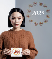 Wall Mural - beautiful modern asian woman with chinese zodiac signs and the white card with the symbol of snake, 