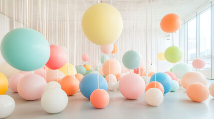 Poster - Vibrant spheres create playful and artistic atmosphere in spacious gallery. colorful installation invites creativity and joy, making it perfect backdrop for artistic expression