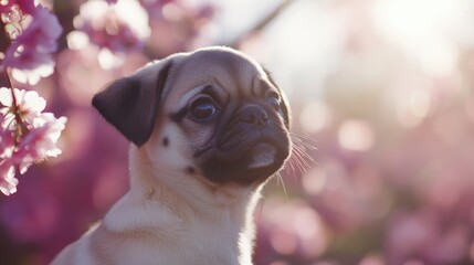 Wall Mural - Pug Puppy Flowers.