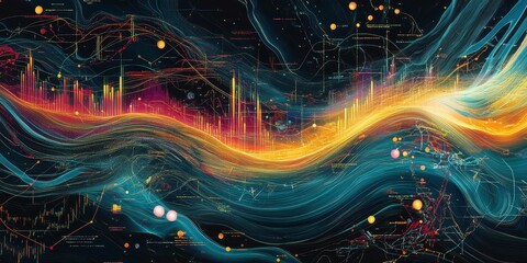 abstract digital art with colorful waves and orbs.