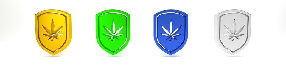 Wall Mural - Colorful Shield and marijuana or cannabis leaf icon isolated on white background. Marijuana legalization. Hemp symbol. Minimalism concept. 3D render illustration