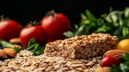 A nutritious snack bar made of oats surrounded by fresh tomatoes and almonds, highlighting healthy eating and natural ingredients.