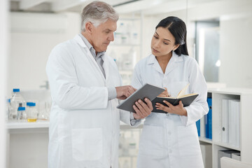 Aufkleber - Scientist, team and writing in notebook in lab for disease experiment, medical study and dna process. Researcher, people and molecule research for engineering, vaccine results and healthcare solution