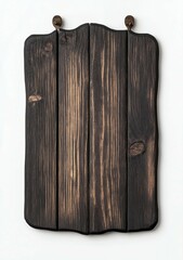 A rustic wooden board with vertical grooves and a dark finish, featuring two hanging hooks on top, suitable for decoration or storage.