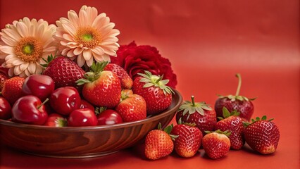 Wall Mural - A wooden bowl overflowing with fresh red strawberries, cherries, and two pink and red roses on a red background.