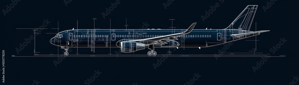 Classic aircraft blueprint with technical measurements and design ...