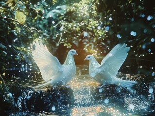 Wall Mural - white doves in the blue sky