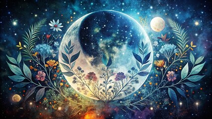 mystical floral moon phase doodle - celestial elements and cosmic shapes illustration