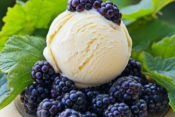 A serving of Wineberries on top of vanilla ice cream, creating a delicious summer dessert