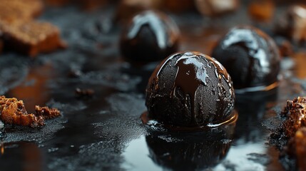 Close-up of melted chocolate ice cream balls on a dark surface with chocolate sauce.