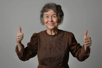 A cute elderly woman of European appearance with a smile on her face shows a thumbs up on a gray background. Advertising banner.