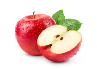 Wall Mural - red apple with cut in half and water droplets isolated on white background.