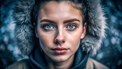 A close-up portrait of a young woman with blue eyes, looking directly at the camera, wearing a hooded jacket with a fur trim.