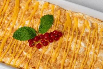 Portuguese Biscuit Delight dessert, topped with a fresh mint leaf and garnished with candied berries, offering a creamy, layered treat with a touch of sweetness and crunch.