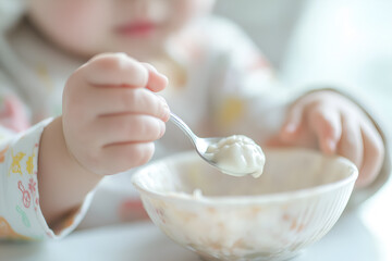 infants under 1 year old are learning to use a spoon to put liquid food into their mouths by themsel