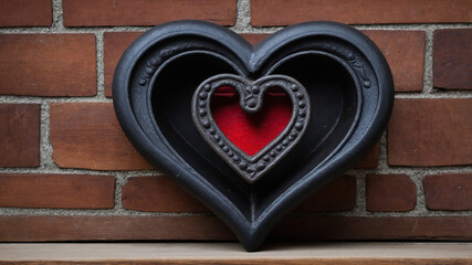 Decorative heart sculpture against a brick wall backdrop, blending modern design with vintage charm.